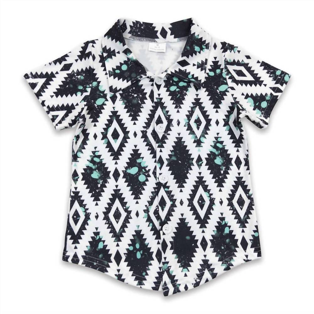 NEW AIER WHOLESALE kids aztec western button up top in teal